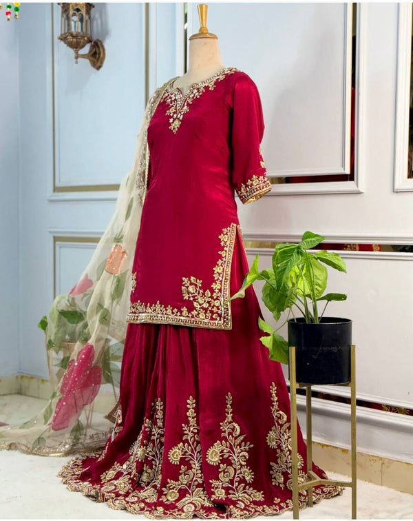Captivating Red Cinon Silk Sequence Work Sharara Suit