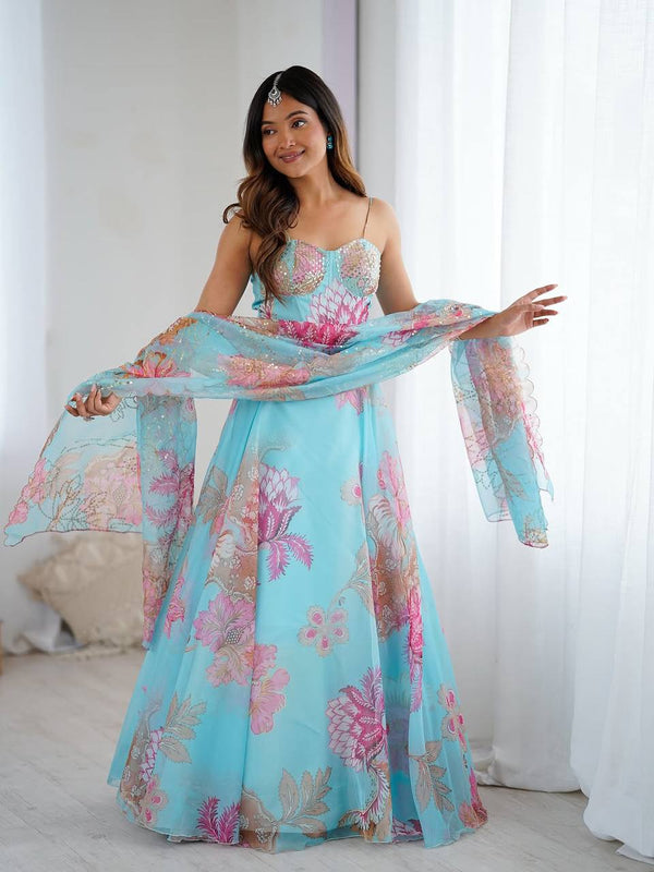 Peaceful Blue Organza Digital Printed Lehenga