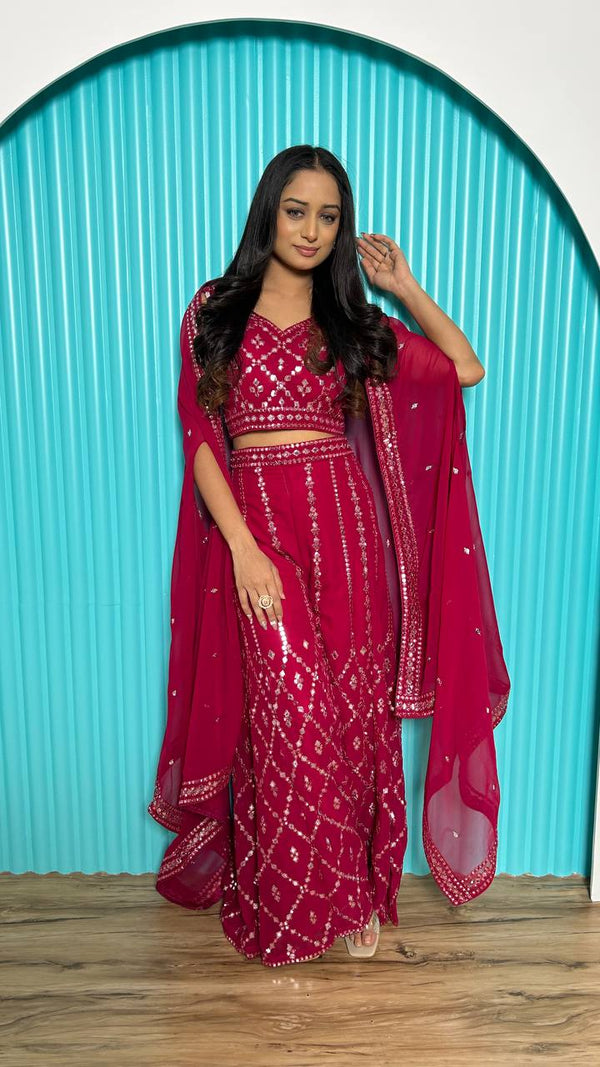 Charming Red Georgette Mirror Work Palazzo Suit