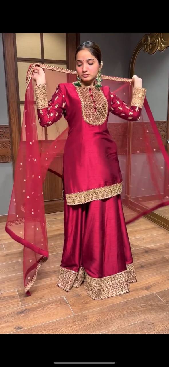 Glorious Red Silk with Sequence Work Sharara Suit
