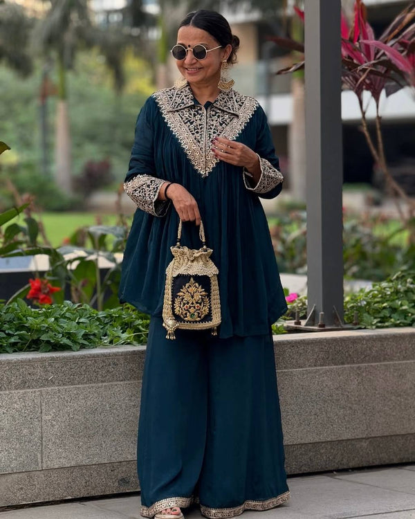 Trendy Royal Blue Chinon Embroidery Palazzo Suit