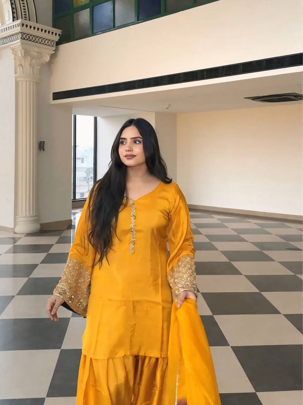 Lovely Yellow Satin Silk Embroidery Sharara Suit