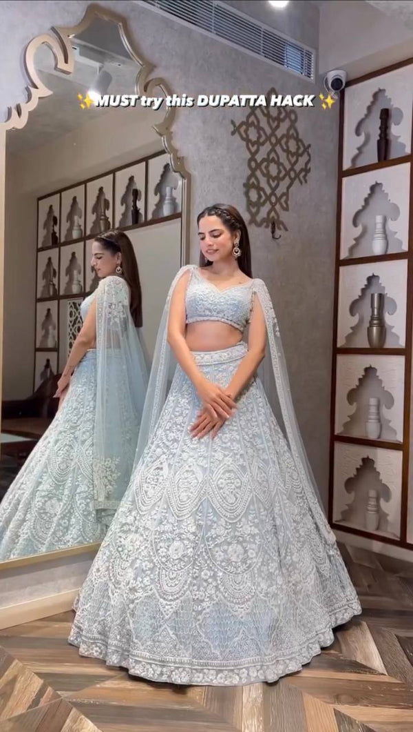 Stylish Silver Color Net Sequins Work Lehenga Choli