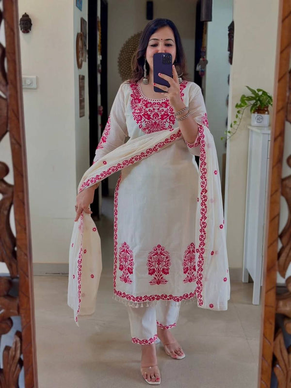 Lovely White Cotton Silk Work Palazzo Suit