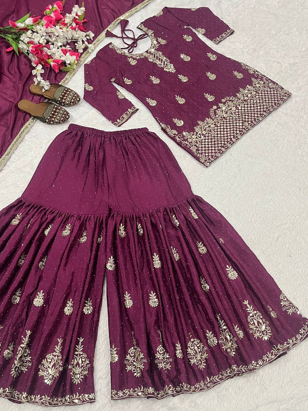Beautiful Wine Chinon Silk Sequence Work Sharara Suit