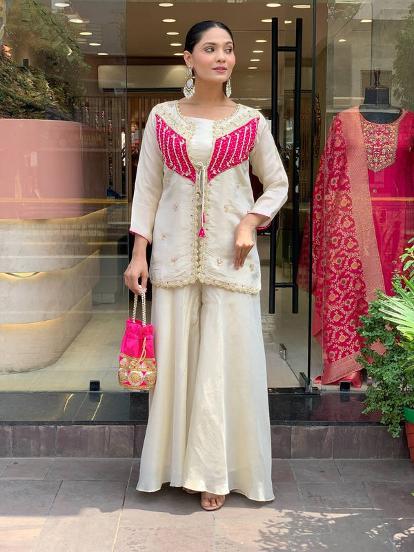 Trendy White Silk With Embroidery Work Co-ord Set