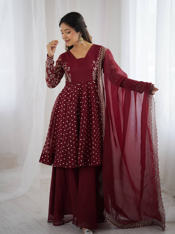Classy Maroon Color Embroidery Work Sharara Suit