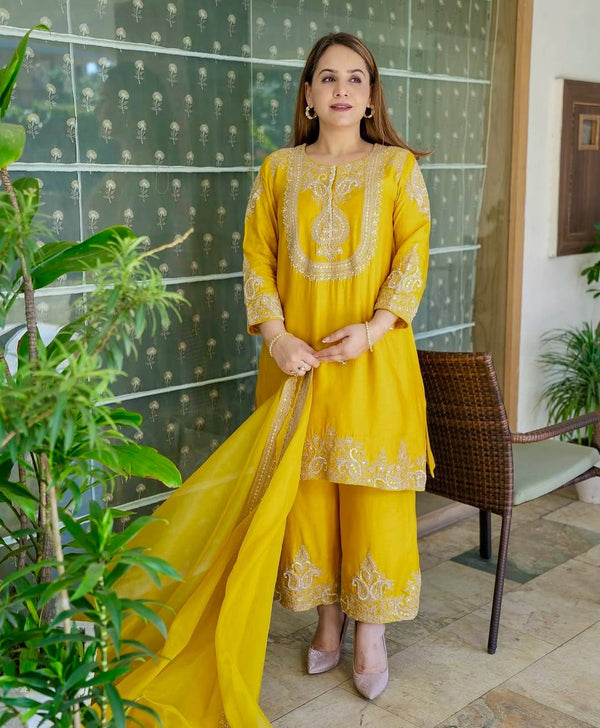 Wonderful Yellow Chinon Silk Work Palazzo Suit