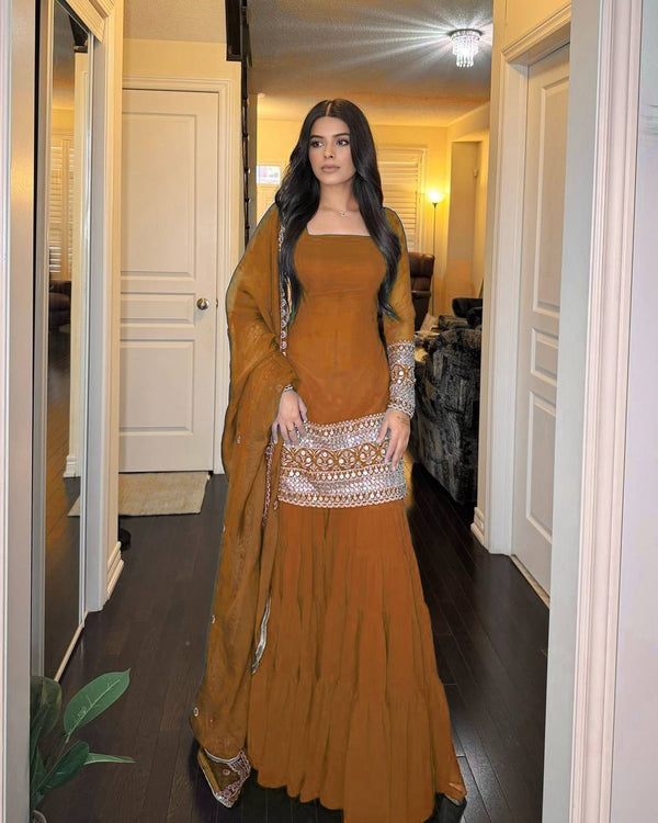 Trendy Brown Georgette Thread Work Sharara Suit