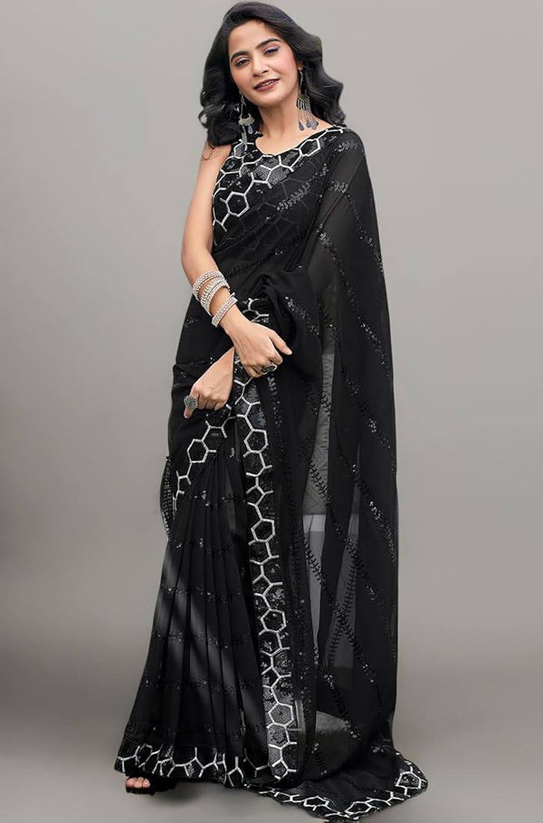 Alluring Black Color Georgette Embroidery Work Saree