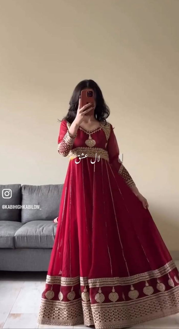 Stylish Red Color Georgette Embroidery Gown