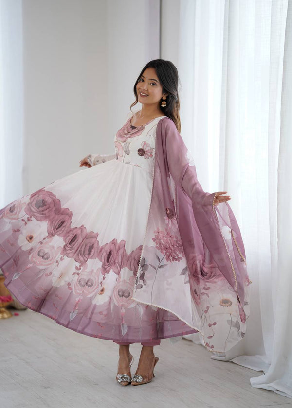 Stylish Onion Pink Color Organza Print Anarkali Suit