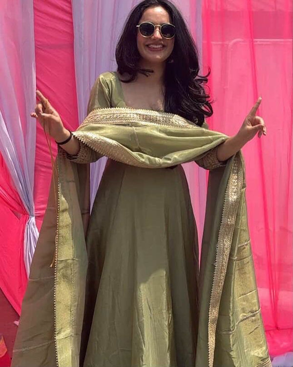 Designer Pista Color Fendi Silk Thread Work Gown