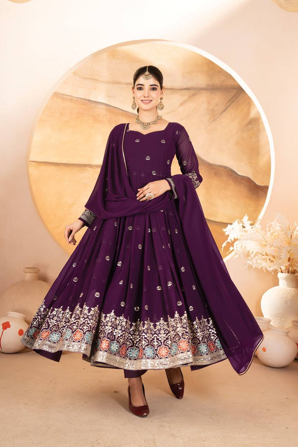 Glorious Purple Blooming Work Palazzo Suit