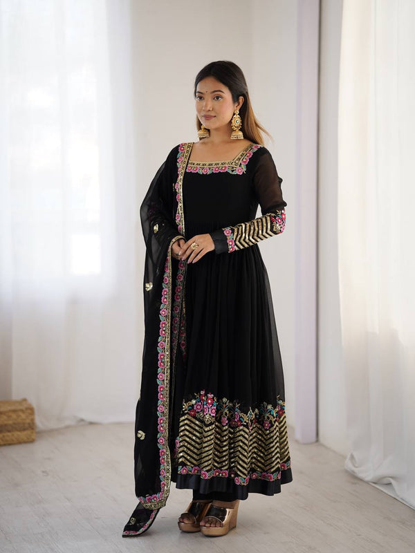 Trendy Black Color Georgette Embroidery Work Gown