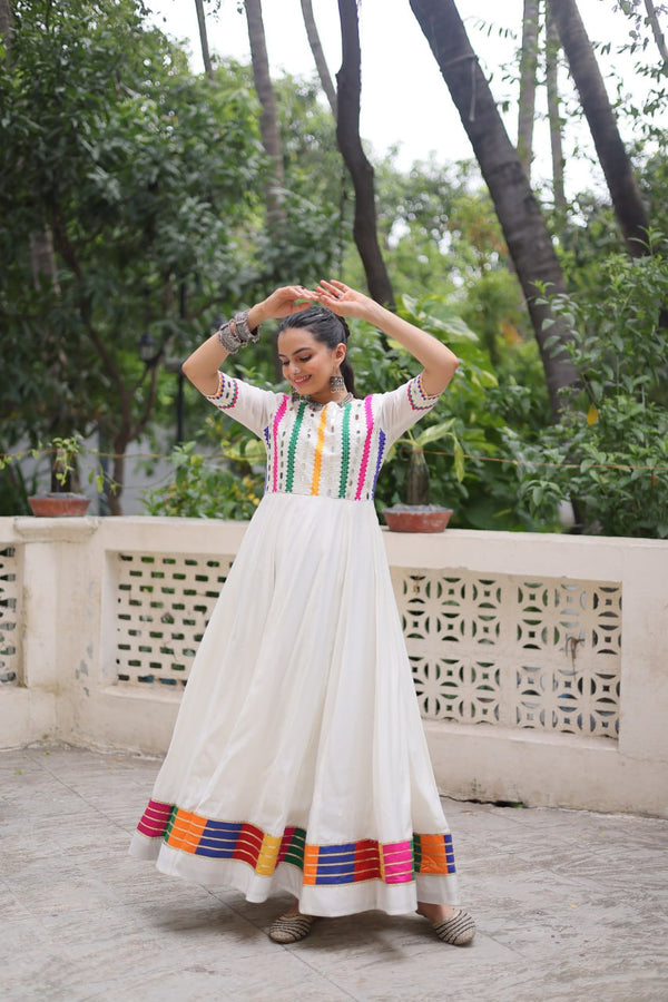 Gorgeous White Color Mirror Work Designer Gown For Navratri