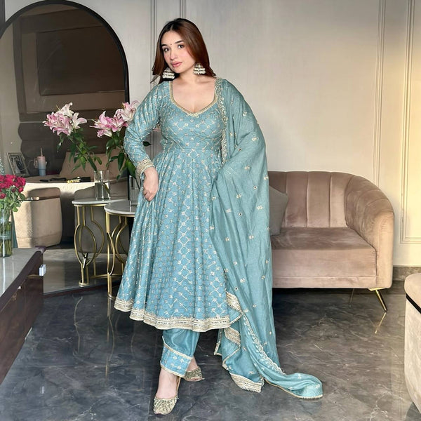 Alluring Sky Blue Color Georgette Embroidery Work Gown