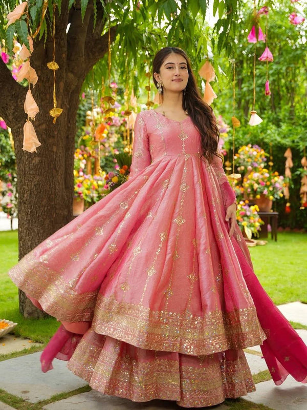 Pretty Pink Color Sequence Work Silk Gown With ShararaSuit