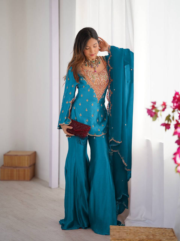 Stylish Sky Blue Color Silk Embroidery Work Sharara Suit