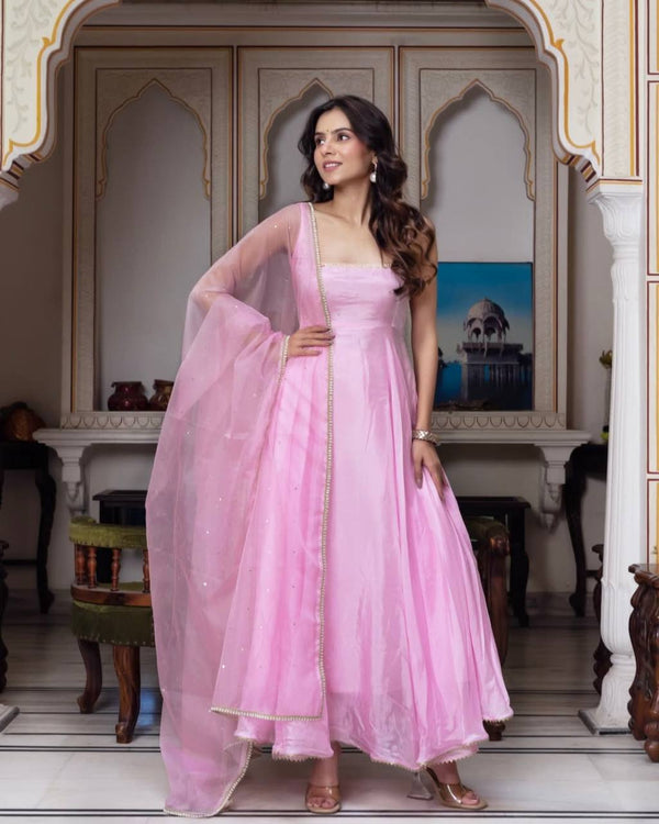 Trendy Pink Color Georgette Embroidery Work Gown