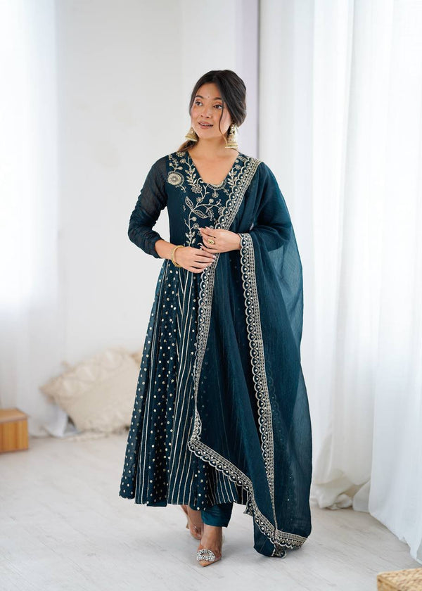 Beautiful Green Silk with Embroidery Work Gown