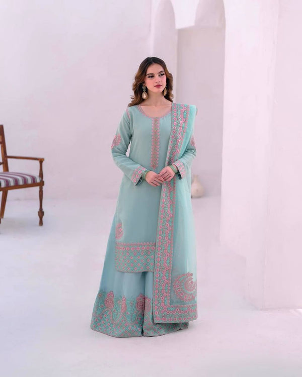 Ravishing Sky Blue Silk Embroidered Palazzo Suit