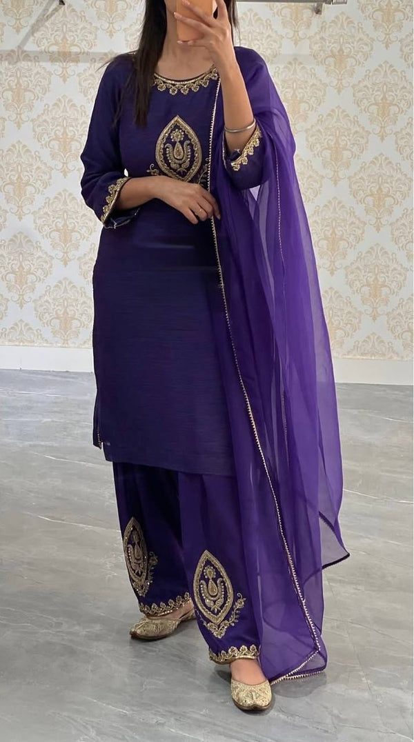 Designer Purple Color Embroidery Work Palazzo Suit