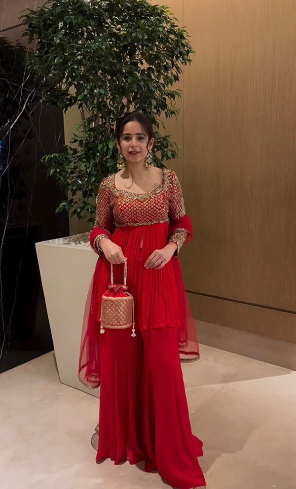 Lovely Red Color Georgette Sequence Work Sharara Suit