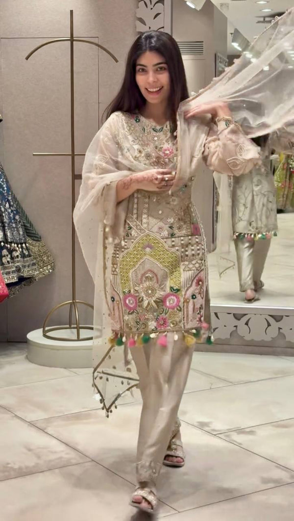 Ravishing Beige Georgette Embroidery Work Palazzo Suit