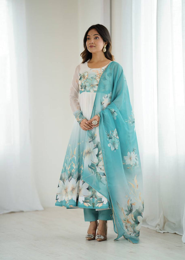 Stylish Sky Blue Color Organza Flared Anarkali Suit