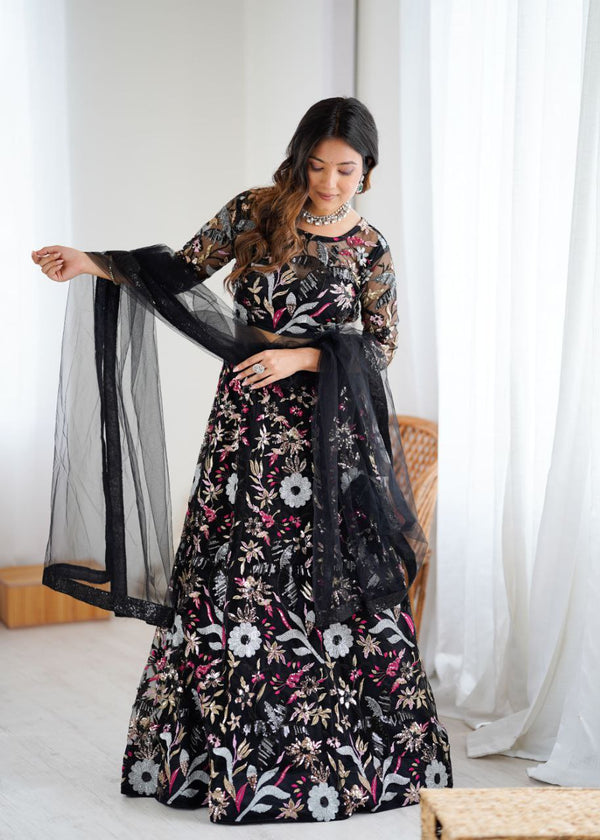 Stylish Black Color Net Embroidery Work Lehenga Choli