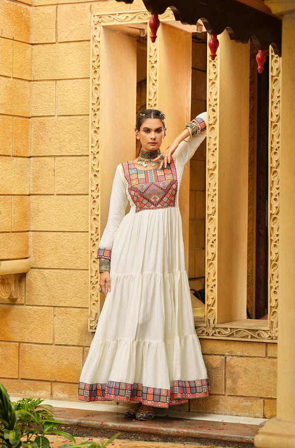 Wonderful White Color Rayon With Gamthi Work Gown