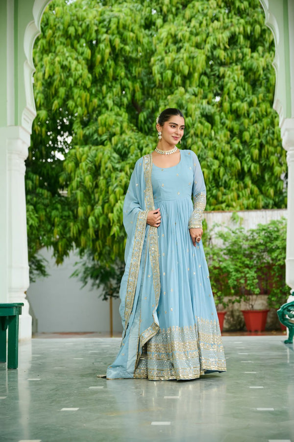 Ravishing Sky Blue Georgette Embroidery Work Gown