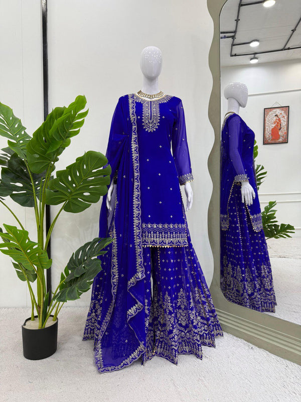 Daisy Blue Georgette Thread Work Sharara Suit