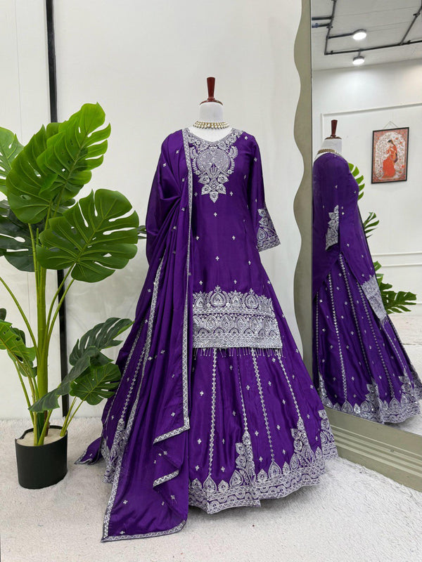 Purple Chinon Silk With Sequence Work Top With Lehenga