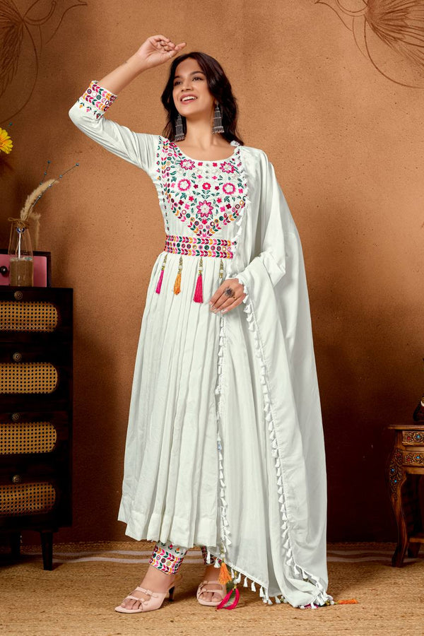 Glorious White Silk Embroidery Work Anarkali Suit
