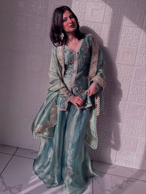 Mesmerizing Green Silk With Sequins Work Sharara Suit