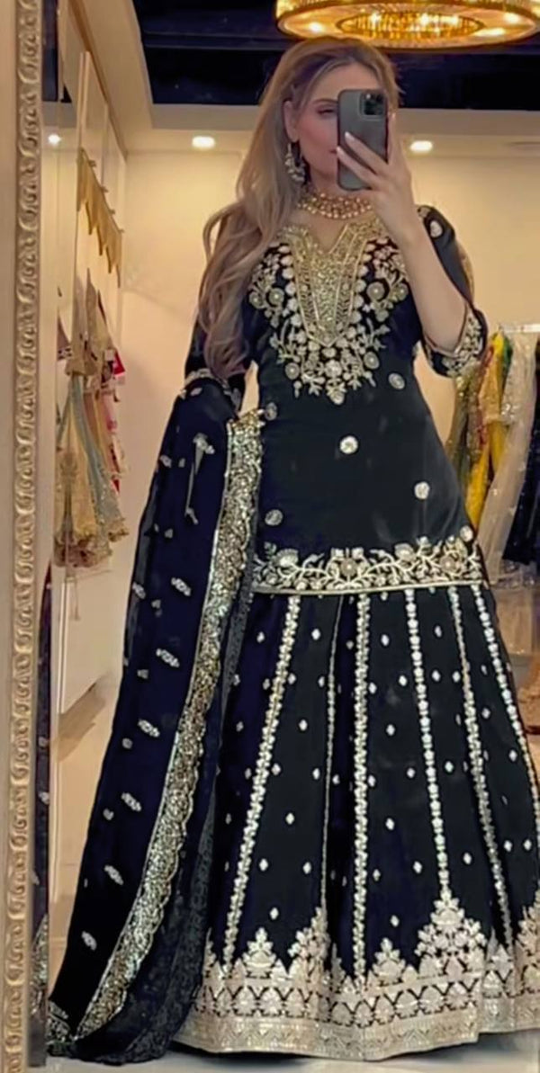 Ravishing Black Color Chinon Silk Work Top With Lehenga