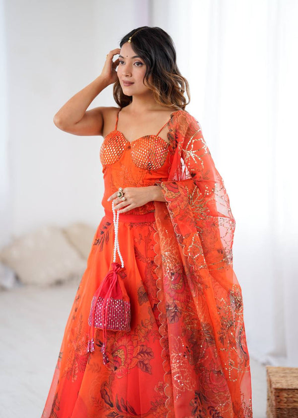 Glorious Orange Color Organza with Sequence Work Lehenga Choli
