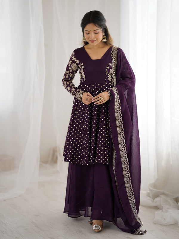 Stylish Purple Color Crunchy Silk Embroidery Work Sharara Suit