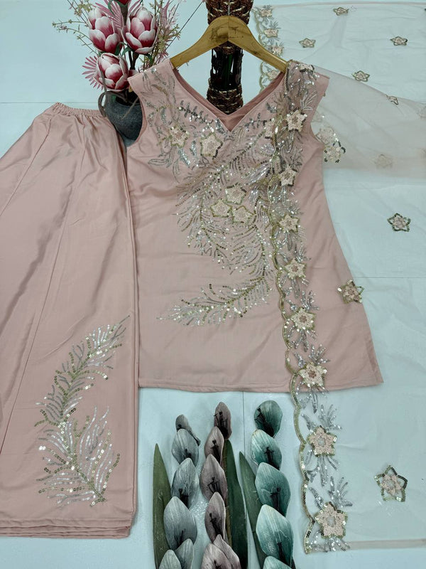Designer Peach Color Sequence Work Palazzo Suit