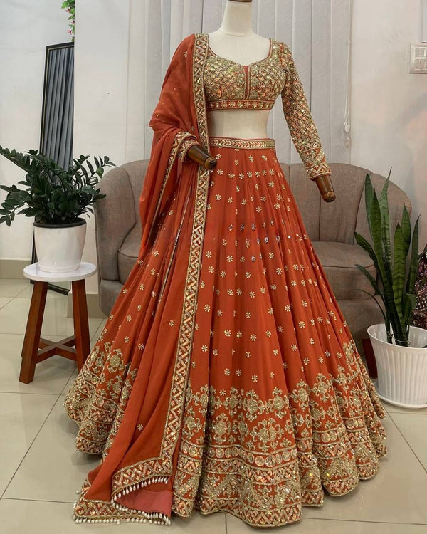 Ravishing Orange Color Georgette Thread Work Lehenga Choli