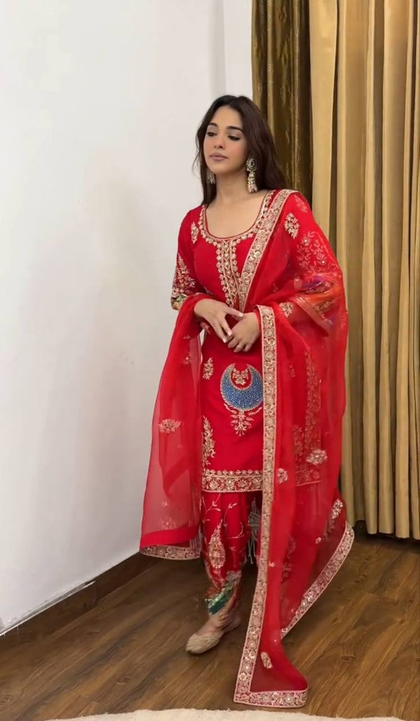 Glorious Red Color Crepe Silk Sequence Work Palazzo Suit