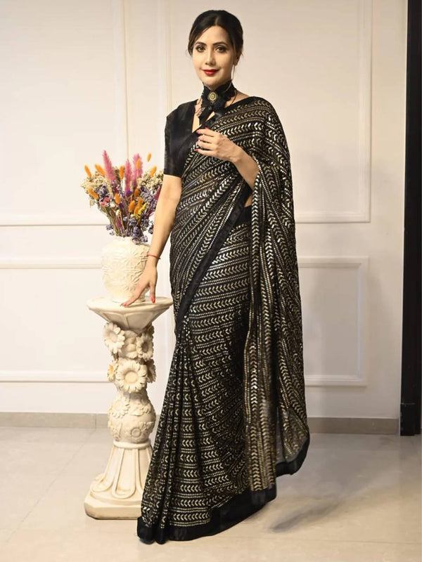 Glorious Black Color Sequins Work Georgette Saree