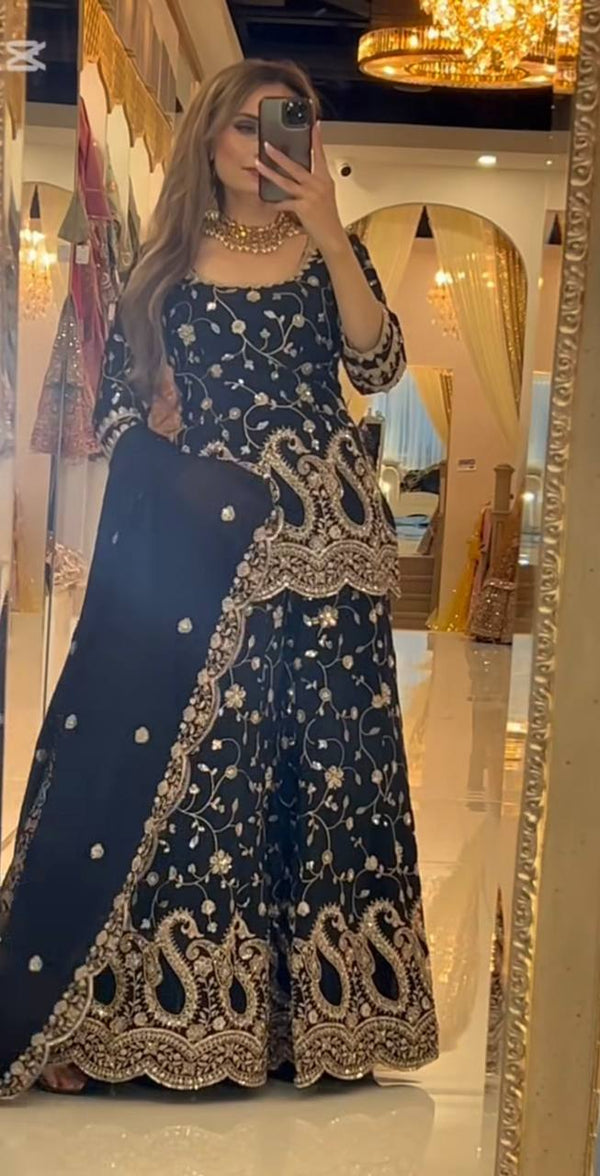 Exotic Black Color Chinon Silk Work Sharara Suit