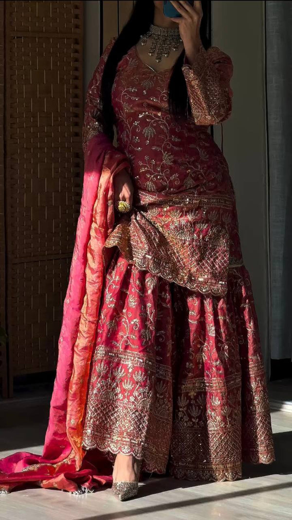 Glorious Red Crush Silk Sequence Work Sharara Suit