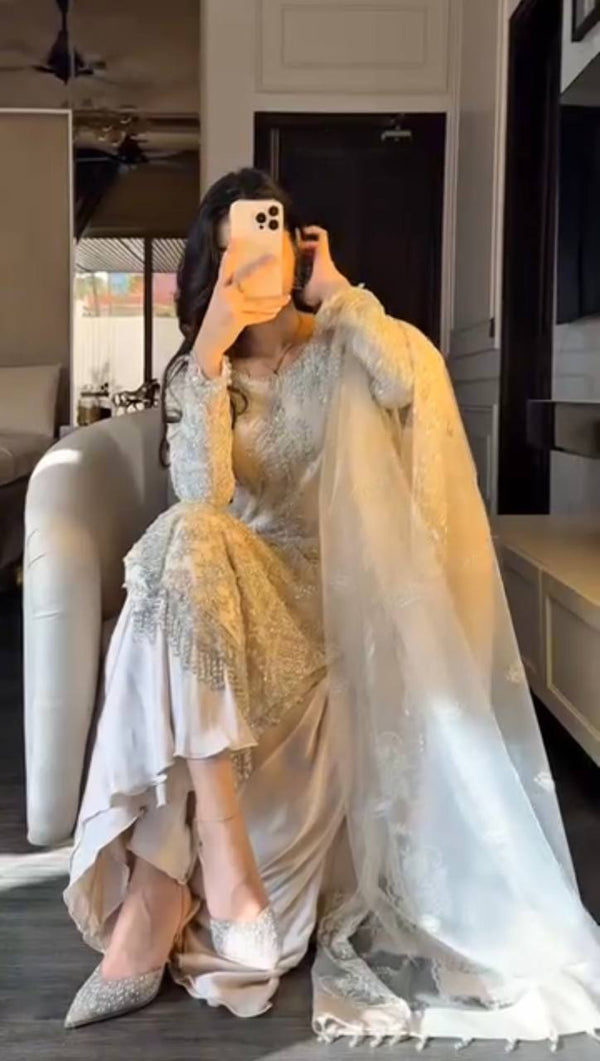 Graceful Beige Color Net Embroidery Work Palazzo Suit