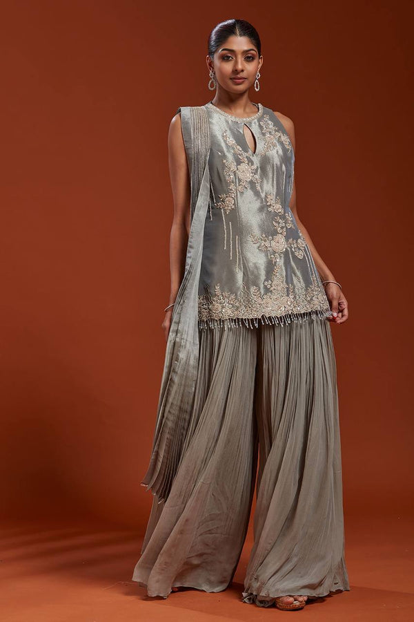 Stylish Gray Color Embroidery Work Palazzo Suit