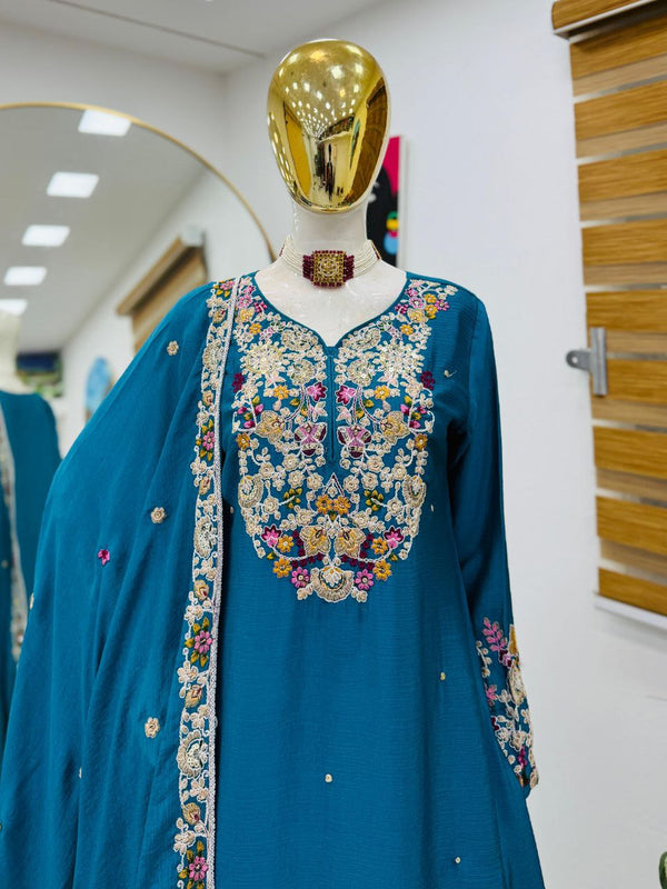 Stylish Blue Embroidery Work Sharara Suit