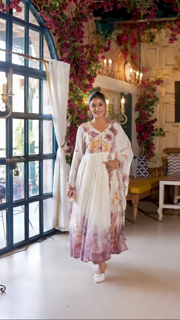 Ravishing White Color Embroidery Work Organza Gown